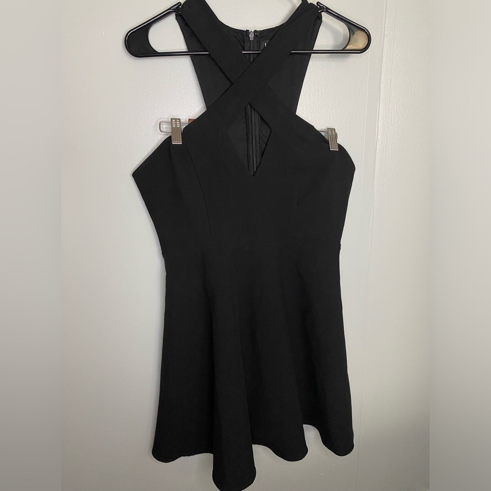 Lulus Womens Dress Medium Black Skater Fit and Flare Cross Sleeveless Party